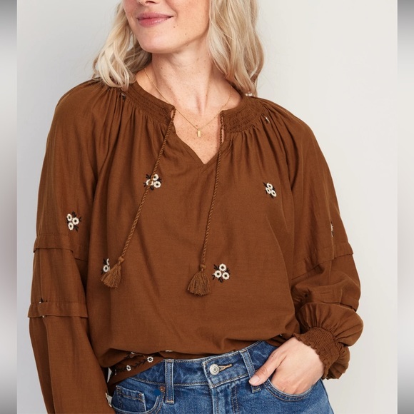 Floral-Embroidered Smocked Tie-Neck - Picture 2 of 7